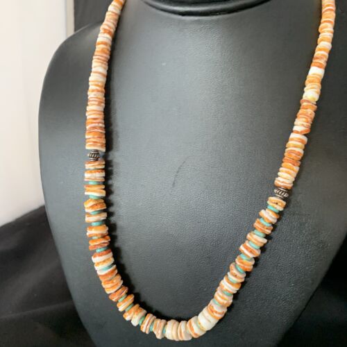 Navajo Turquoise & Orange Spiny Oyster Graduated Necklace | Sterling Silver | Authentic Native American | 21" | 13518