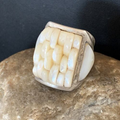 Native American White Mother of Pearl Inlay Ring | Navajo Sterling Silver | Sz 7 | 12863 - Masha USA