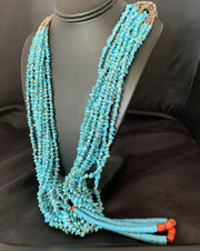 Native American Santo Domingo Blue Turquoise Coral Necklace | 10 Strand | 38" | 13178
