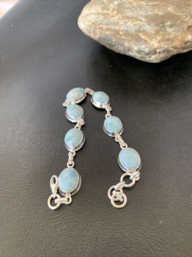 Navajo Blue Larimar 7 Link Bracelet | Sterling Silver | 7.5" | Authentic Native American Handmade | 10623