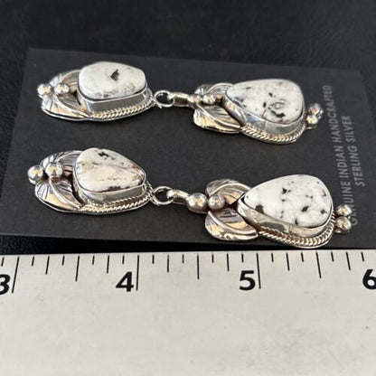 Navajo White Buffalo Turquoise Dangle Earrings | Sterling Silver | 2.5" | Authentic Native American Handmade | 14740