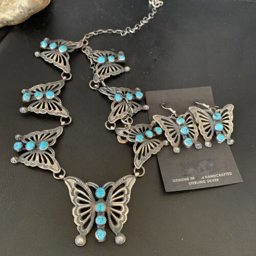 Navajo Butterfly Blue Kingman Turquoise Necklace Pendant Earrings Set | Authentic Native American Handmade | 13227