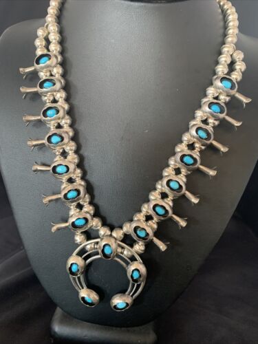 Navajo Kingman Turquoise Shadowbox Squash Blossom Necklace | Sterling Silver | Authentic Native American Handmade | 13108