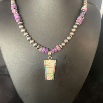 Navajo Purple Charoite White Opal Inlay Pendant Necklace| Sterling Silver | Native American Handmade | 13436