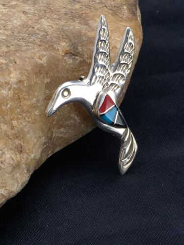 Navajo Hummingbird Pin | Turquoise & Coral | Sterling Silver | Authentic Native American Handmade | 2899