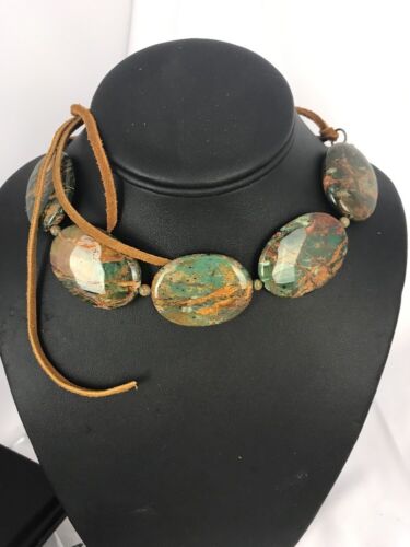 Native Green Turquoise Sterling Silver Necklace Leather Cords Bracelet