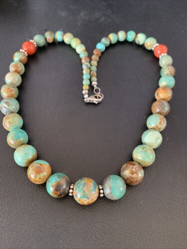 Navajo Green Turquoise & Apple Coral Graduated Necklace | Sterling Silver | Authentic Native American | 18" | 13206