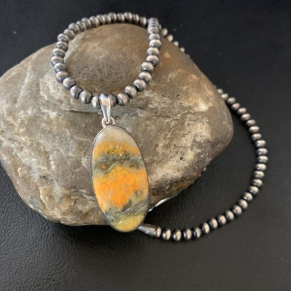 Navajo Yellow Bumblebee Jasper Pendant Necklace | Sterling Silver | Authentic Native American Handmade | 12809