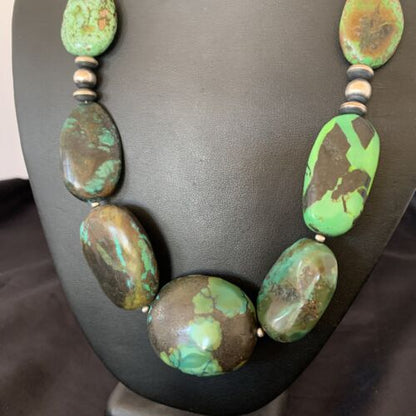 Navajo Sterling Silver Graduated Green Nugget Turquoise Necklace | Authentic Native American | 21" | 10724