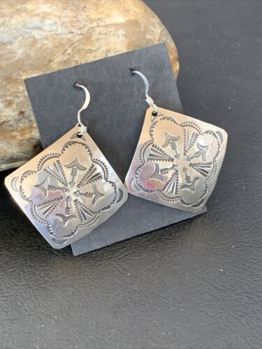 Native American Women's Dangle Earrings | Navajo Sterling Silver Stamped Handmade | 1656