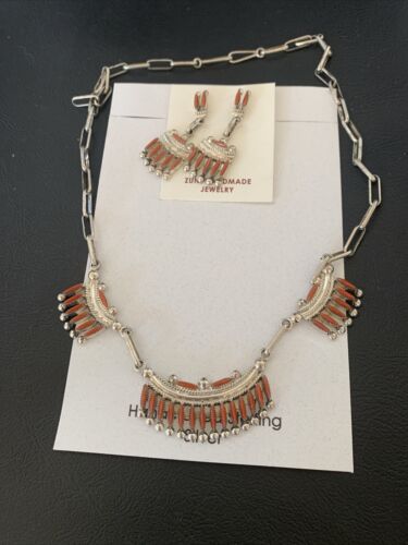Zuni Coral Sterling Silver Petite Point Needle Necklace Pendant Earrings Set | Authentic Native American Handmade | 11909