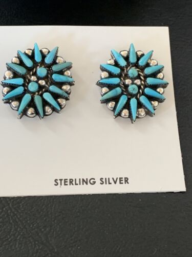 Navajo Blue Cluster Turquoise Stud Post Earrings | Sterling Silver | Authentic Native American Handmade | 12302