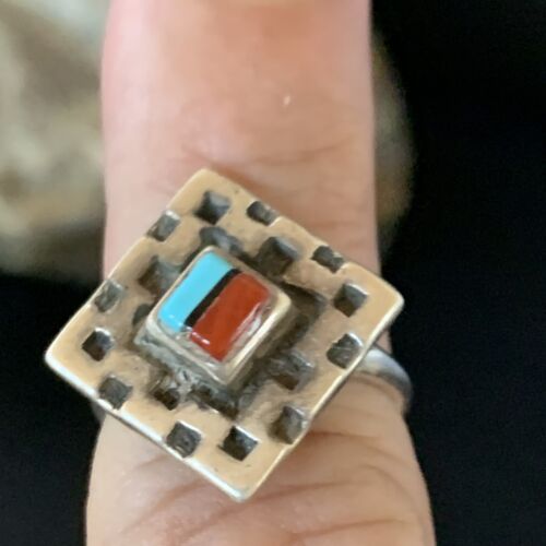 Native American Women's Navajo Blue Turquoise Coral Inlay Ring | Sz 5 | 13131