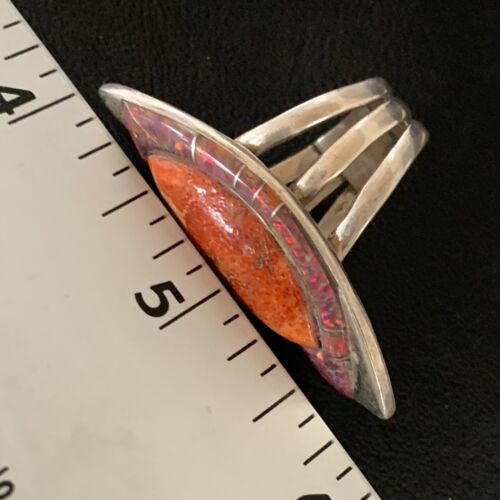 Navajo Red Spiny Oyster Opal Inlay Ring | Sterling Silver | Sz 10 | Authentic Native American Handmade | 12844