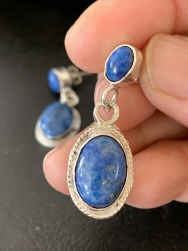 Navajo Denim Lapis Dangle Earrings | Sterling Silver | 1.1" | Authentic Native American Handmade | 1706