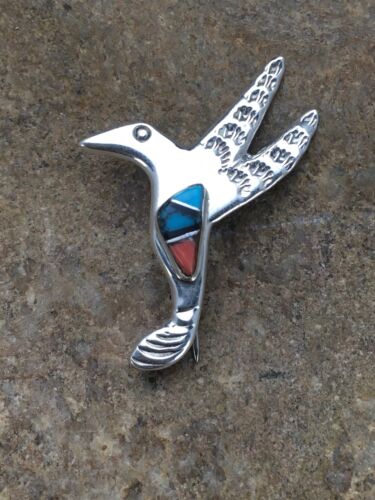 Navajo Hummingbird Pin with Coral Turquoise Inlay | Sterling Silver | Authentic Native American Handmade | 2901