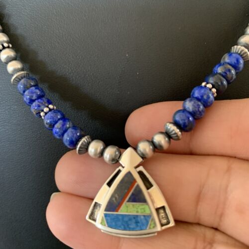 Authentic Native American Sterling Silver Navajo Pearls Necklace with Lapis Inlay Pendant | 01926