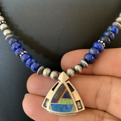 Authentic Native American Sterling Silver Navajo Pearls Necklace with Lapis Inlay Pendant | 01926