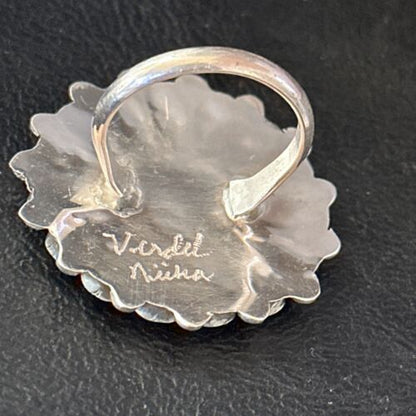 Navajo Zuni Sun Face Ring | Sterling Silver Turquoise Onyx Mother of Pearl Inlay | Sz 8 | 14451