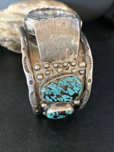 Navajo Sterling Silver Bracelet with Blue Kingman Turquoise | Men's Automatic Seiko Watch Cuff | Authentic Native American Jewelry | 12168