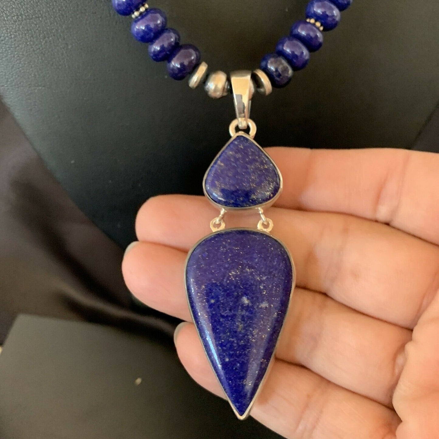 Navajo Sterling Silver Beads Necklace with Lapis Lazuli Pendant | 8mm | Authentic Native American Handmade | 11365