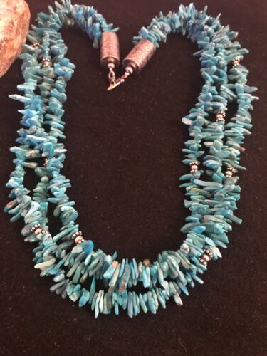 Navajo Turquoise Nugget Bead Necklace | 3 Strand Stabilized | Sterling Silver | 8100
