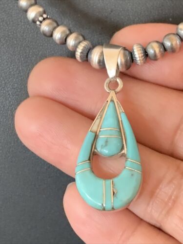 Navajo Pearl Necklace with Blue Turquoise Inlay Pendant | Sterling Silver | Authentic Native American Handmade | 12501