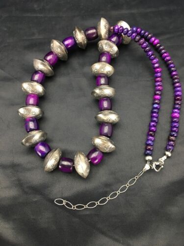 Navajo Sugilite Necklace | Sterling Silver Stamped Beads | 22" | Authentic Native American Handmade | 2702