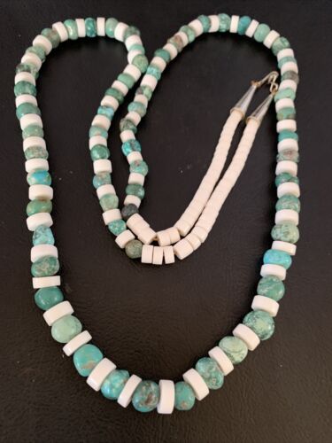 Authentic Native American Santo Domingo Necklace | Blue Turquoise & White Shell Beads | 34" | 13198