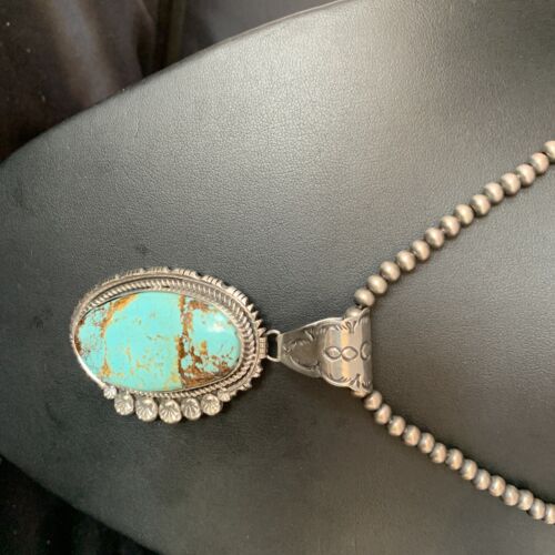 Navajo Pearls Sterling Silver Necklace with Blue #8 Turquoise Pendant | 3" | Authentic Native American Handmade | 13937 - Masha USA