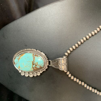 Navajo Pearls Sterling Silver Necklace with Blue #8 Turquoise Pendant | 3" | Authentic Native American Handmade | 13937 - Masha USA