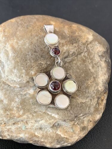 Old Pawn Vintage Multi-Stone Flower Pendant | Sterling Silver | Mother of Pearl & Garnet Dangle | 1186