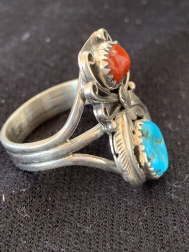 Authentic Navajo Kingman Turquoise & Coral Ring | Sterling Silver | Sz 14 | Native American Jewelry