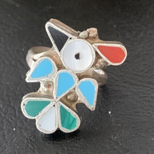 Zuni Peyote Bird Ring | Sterling Silver Coral Turquoise Onyx Mother of Pearl Inlay | Sz 5 | 10213