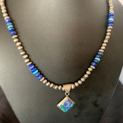 Navajo Men's Blue Lapis Turquoise Opal Inlay Pendant Necklace | Sterling Silver | 21" | 12604