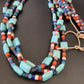 Native American Santo Domingo Turquoise Coral Bead Necklace | 3-Strand | 28" | 11988
