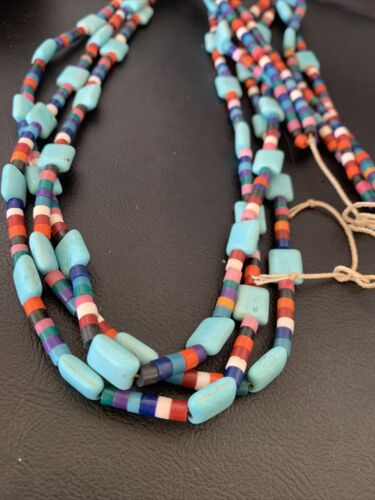 Native American Santo Domingo Turquoise Coral Bead Necklace | 3-Strand | 28" | 11988 - Masha USA