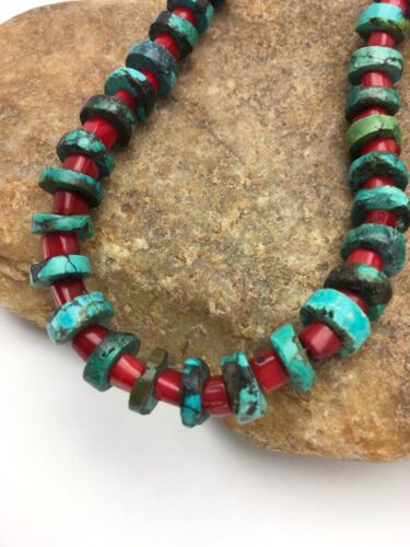 Turquoise Heishi 10mm Bamboo Coral Necklace | Navajo Sterling Silver | Native American Handmade | 20" |