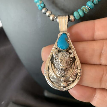 Navajo Pearl Necklace with Blue Turquoise Bullhead Pendant | Authentic Native American Sterling Silver | Multi-Stone | 11755