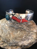 Navajo Spiderweb Turquoise & Coral Bracelet | Sterling Silver | Authentic Native American Handmade | 8366