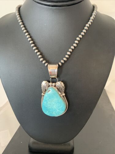 Blue Kingman Turquoise Pendant | Sterling Silver Navajo Pearls Men's Necklace 21" | 808
