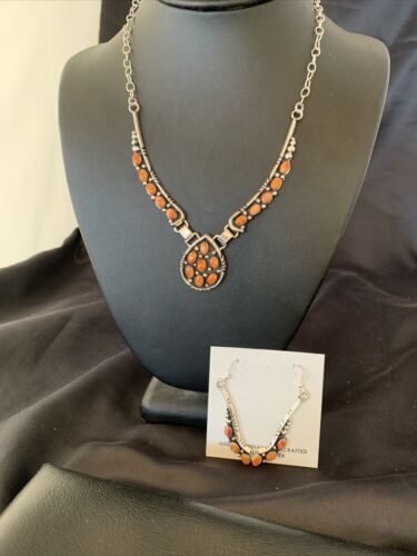 Navajo Red Spiny Oyster Necklace & Earrings Set | Sterling Silver | Native American Handmade | 2111