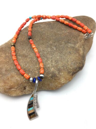 Navajo Multi-Stone Spiny Oyster Inlay Pendant Necklace | Sterling Silver | 19" | Authentic Native American Handmade | 4519