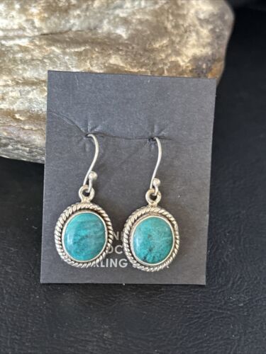 Navajo Blue Turquoise Dangle Earrings | Sterling Silver | 1" | Authentic Native American Handmade | 14772