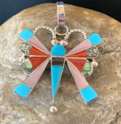 Zuni Turquoise Spiny Oyster Mother of Pearl Butterfly Necklace Inlay Pin Pendant | Sterling Silver | 1366