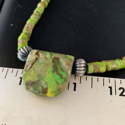 Navajo Green Gaspeite Turquoise Pendant | Sterling Silver | Authentic Native American Handmade | 13941
