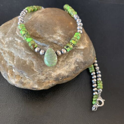 Navajo Green Gaspeite Turquoise Pendant | Sterling Silver | Authentic Native American Handmade | 13274 - Masha USA