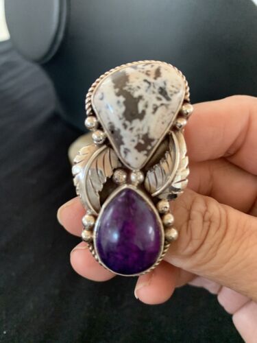 Navajo White Buffalo Turquoise & Sugilite Ring | Authentic Native American Sterling Silver | Multi-Stone | Sz 9.5 | 00310