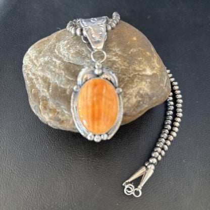 Navajo Pearls Orange Spiny Oyster Necklace Pendant | Sterling Silver | Authentic Native American Handmade | 14718