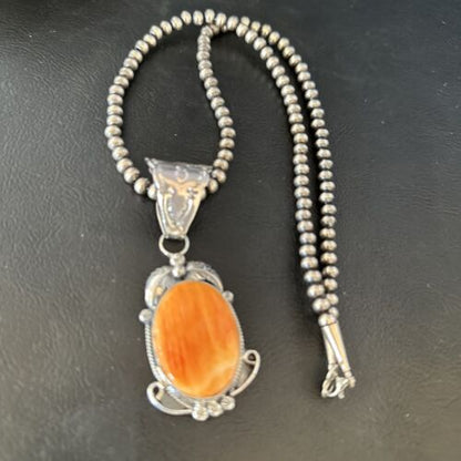 Navajo Pearls Necklace with Orange Spiny Oyster Pendant | Sterling Silver | Authentic Native American Handmade | 14723